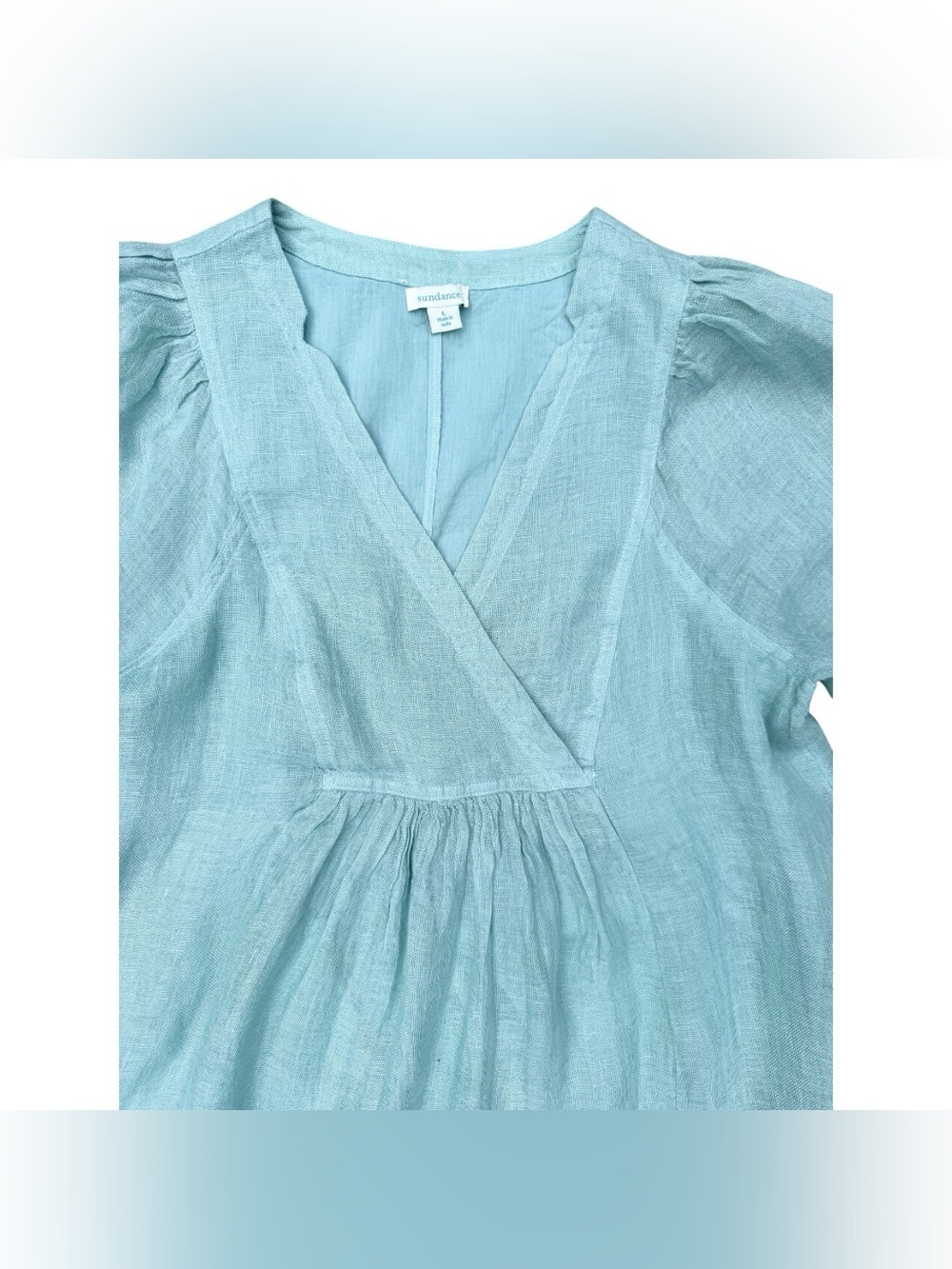 Sundance Seafoam Blue Linen Wrap Front Babydoll Mini Dress - L - Picture 2 of 7